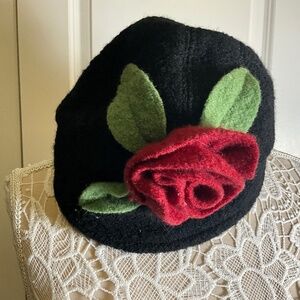 100% Wool Black Hat with Felt Rose Detail